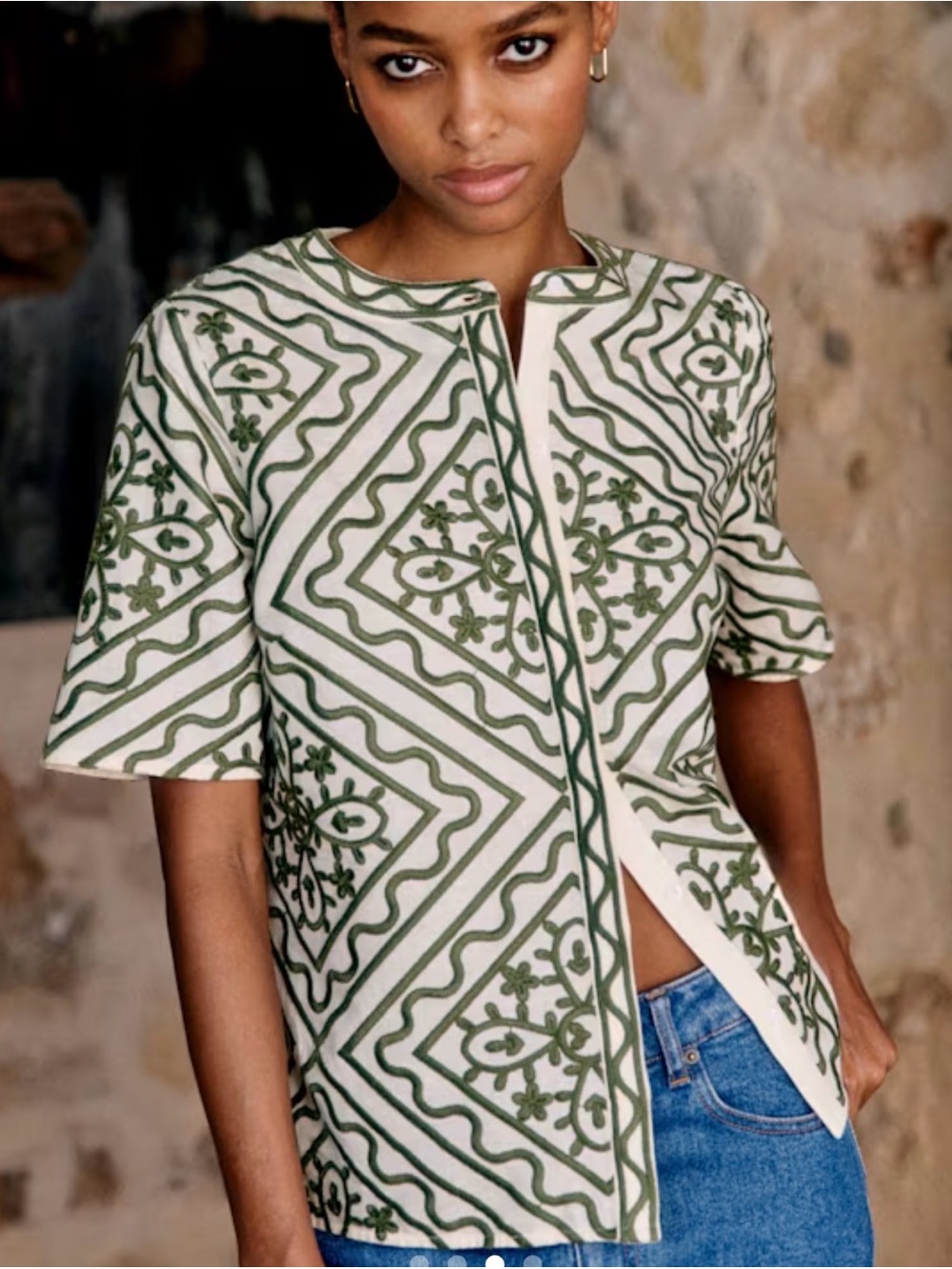 Sezane Cream Button-Down Top with Olive Green Embroidery